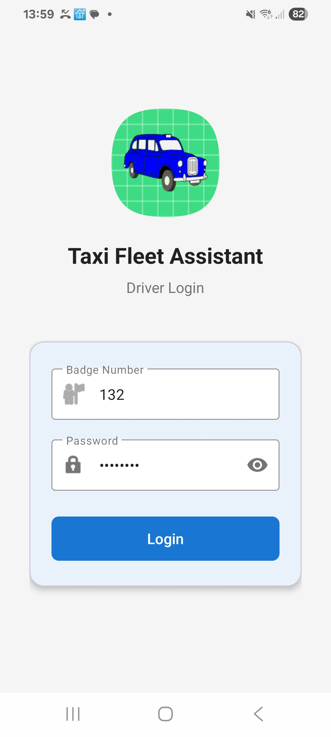 Driver app login screen
