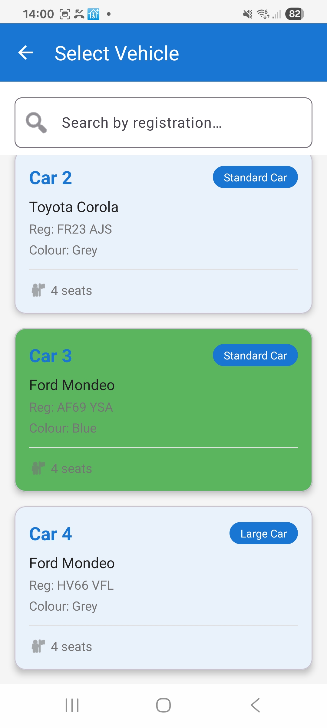 Vehicle selection screen